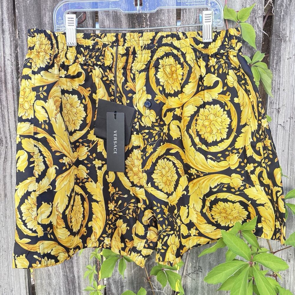 Versace Barocco Printed Silk Pyjama Boxer Shorts Gold Black Sz 2 S